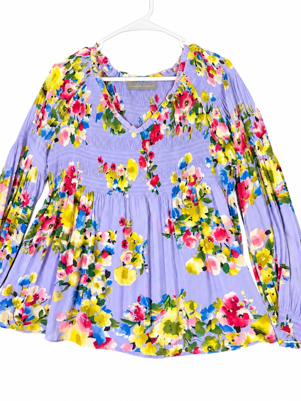 Valerie Stevens Purple Floral Smocked V-Neck Blouse Size XL Long Sleeve